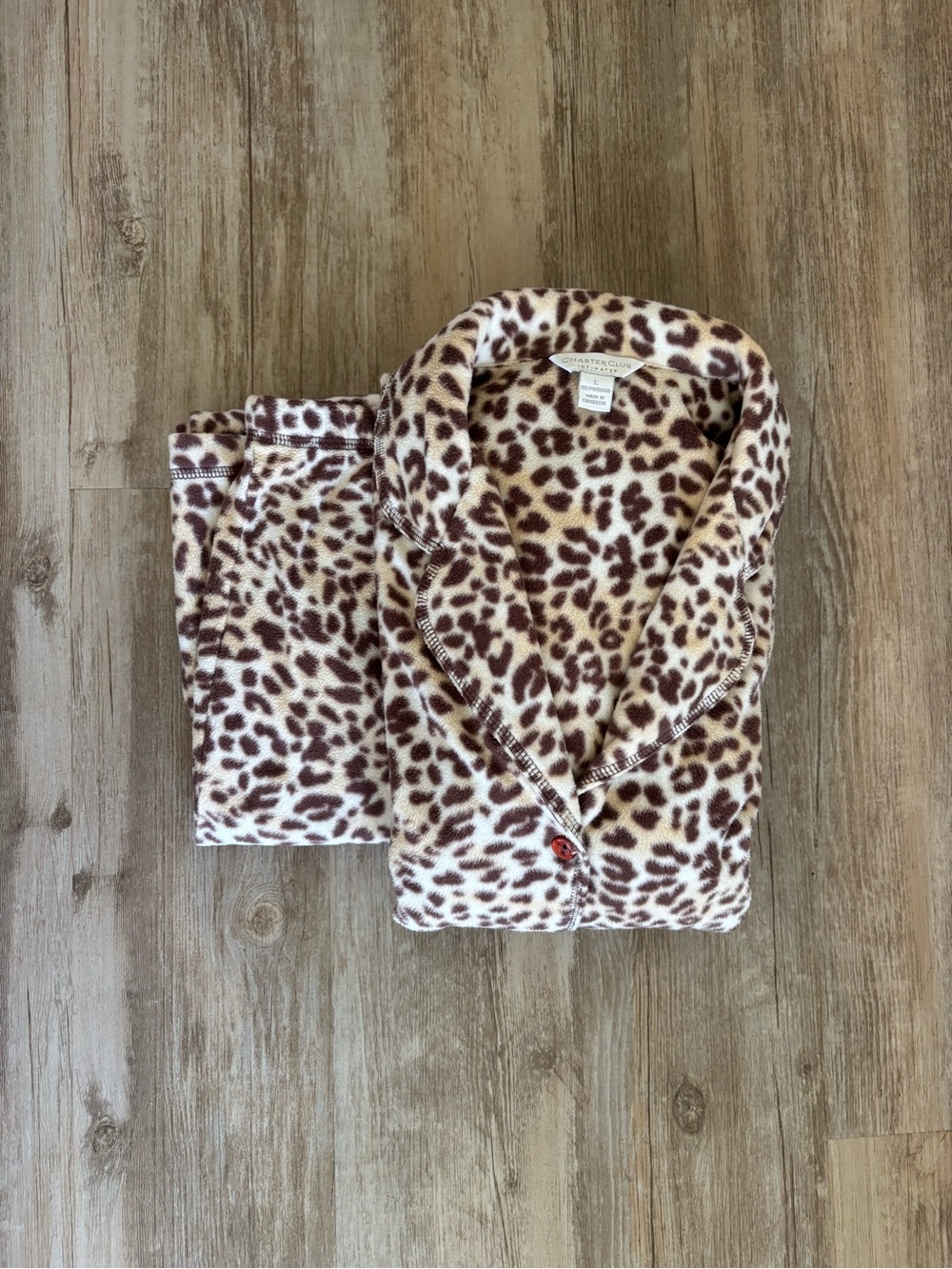 Charter Club Cheetah Print Fleece Pajama Set Large Long Sleeve Button Front